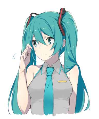 1girl aqua_eyes aqua_hair aqua_neckwear bare_arms bare_shoulders blush breasts closed_mouth collared_shirt fhang grey_shirt hair_between_eyes hair_ribbon hand_up hatsune_miku long_hair looking_away looking_to_the_side lowres medium_breasts necktie nervous ribbon shiny shiny_hair shirt simple_background sleeveless sleeveless_shirt solo twintails upper_body vocaloid white_background wing_collar