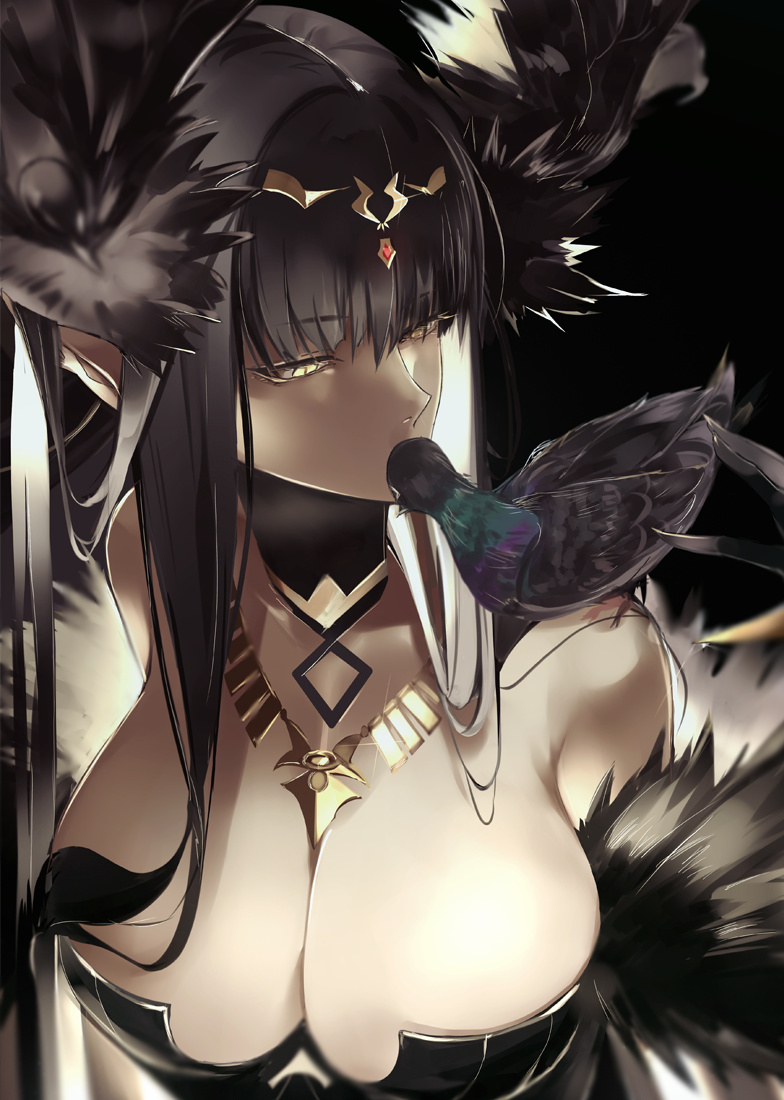 1girl bare_shoulders black_dress black_hair breasts cleavage dress fate/apocrypha fate/grand_order fate_(series) fur_trim jewelry large_breasts long_hair necklace pointy_ears pvc_parfait semiramis_(fate) solo very_long_hair yellow_eyes