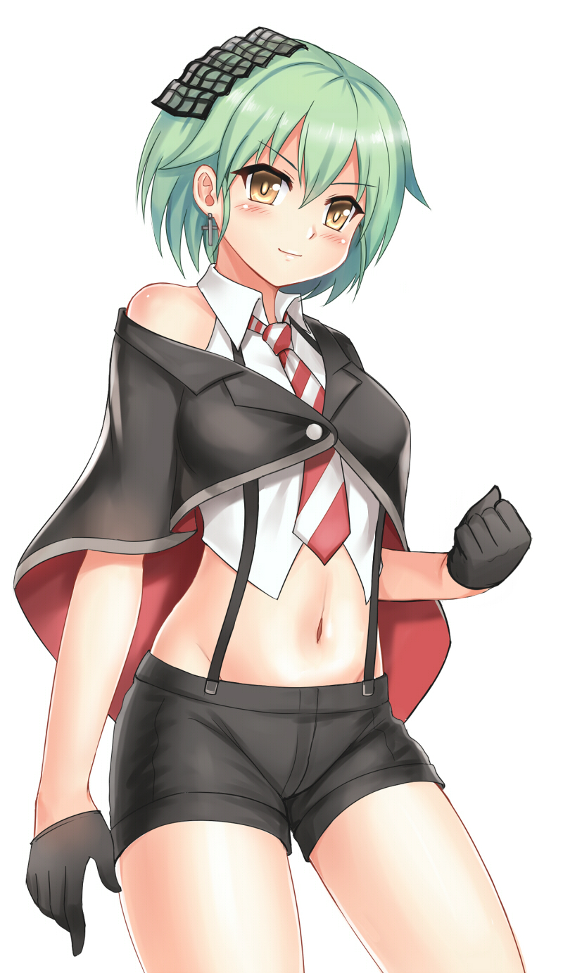 1girl black_gloves character_request commentary_request gloves green_hair highres looking_at_viewer navel necktie short_hair shorts smile solo suspender_shorts suspenders white_background y.ssanoha yellow_eyes zhan_jian_shao_nyu