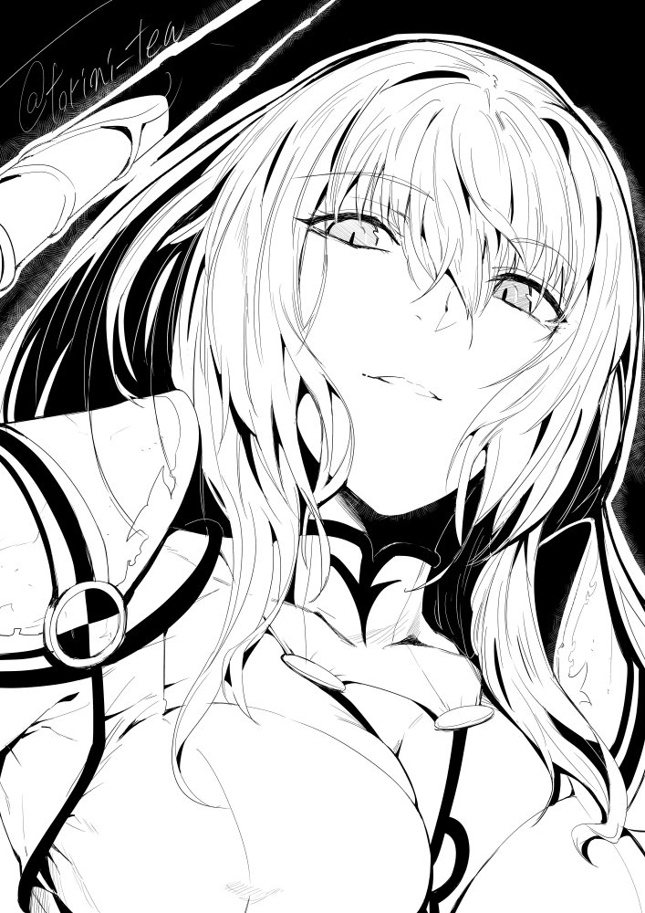 1girl armor black_background breasts commentary_request eyebrows_visible_through_hair fate/grand_order fate_(series) hair_between_eyes large_breasts long_hair looking_at_viewer monochrome polearm scathach_(fate/grand_order) shoulder_armor solo spear torichamaru twitter_username upper_body weapon