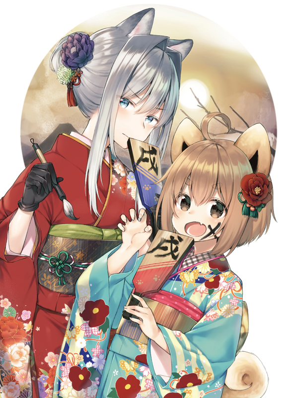 2girls :d ahoge animal_ears bangs black_gloves blue_eyes blue_kimono blush brown_eyes brown_hair calligraphy_brush claw_pose closed_mouth commentary_request dog_ears dog_girl dog_tail eyebrows_visible_through_hair face_painting fang fingernails floral_print flower gloves hagoita hair_between_eyes hair_bun hair_flower hair_ornament holding_paintbrush japanese_clothes kimono long_sleeves looking_at_viewer midorikawa_you multiple_girls obi open_mouth original paddle paintbrush print_kimono purple_flower red_flower red_kimono sash short_hair sidelocks silver_hair smile tail wide_sleeves