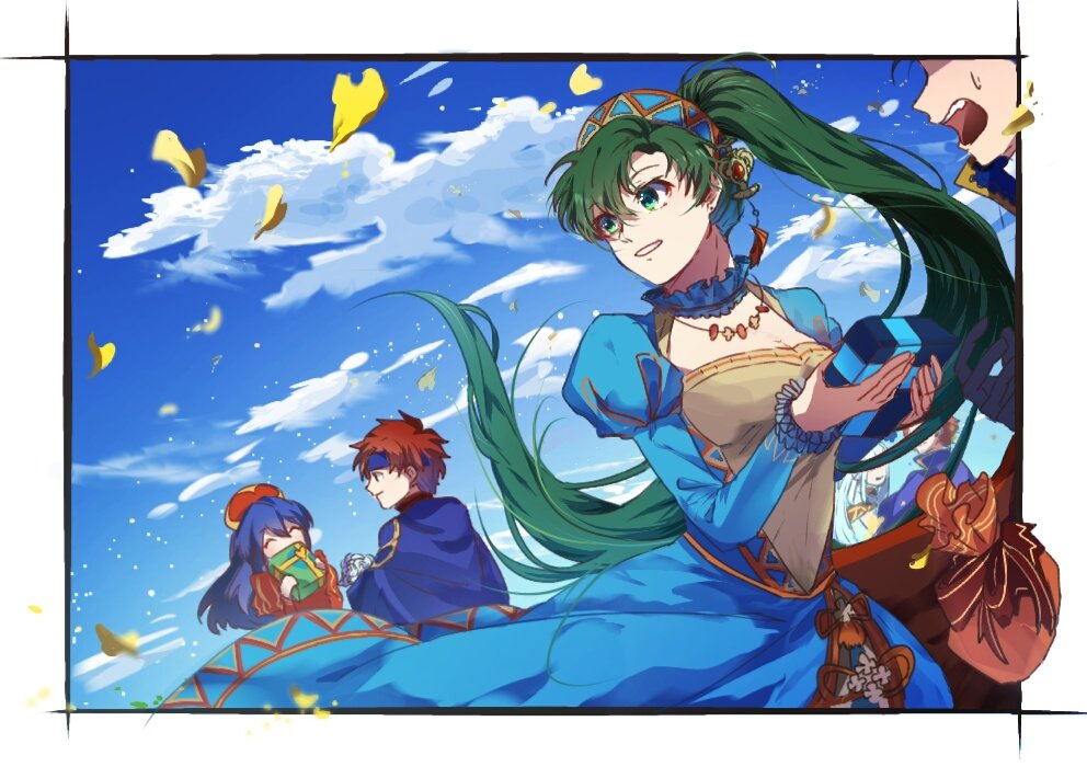 2boys 2girls artist_request blue_eyes blue_hair blush cape closed_eyes couple dress eliwood_(fire_emblem) father_and_daughter father_and_son fire_emblem fire_emblem:_fuuin_no_tsurugi fire_emblem:_rekka_no_ken fire_emblem_heroes gloves green_eyes hat hector_(fire_emblem) hetero jewelry lilina long_hair lyndis_(fire_emblem) mamkute mother_and_daughter mother_and_son multiple_boys multiple_girls ninian open_mouth ponytail redhead roy_(fire_emblem) short_hair smile