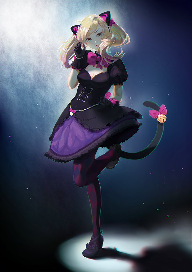 1girl :o alternate_costume animal_ears argyle argyle_legwear artist_name bangs beads bell black_cat_d.va black_dress black_gloves blonde_hair blush bow breasts cat_ears cleavage commentary corset d.va_(overwatch) dress fang full_body gloves hand_up heart high_heels jewelry jingle_bell konoumin light_particles lolita_fashion looking_at_viewer one_leg_raised open_mouth overwatch pantyhose pink_bow puffy_short_sleeves puffy_sleeves purple_skirt shadow short_sleeves skirt solo spotlight standing tail tail_bell twintails yellow_eyes