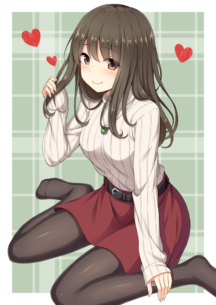 1girl bangs belt_buckle black_belt black_legwear blush breasts brown_eyes brown_hair buckle commentary_request eyebrows_visible_through_hair fingernails hair_between_eyes heart holding holding_hair jewelry long_hair long_sleeves looking_at_viewer medium_breasts nakamura_sumikage no_shoes original pantyhose pendant plaid plaid_background red_skirt ribbed_sweater sitting skirt sleeves_past_wrists smile solo sweater wariza white_sweater