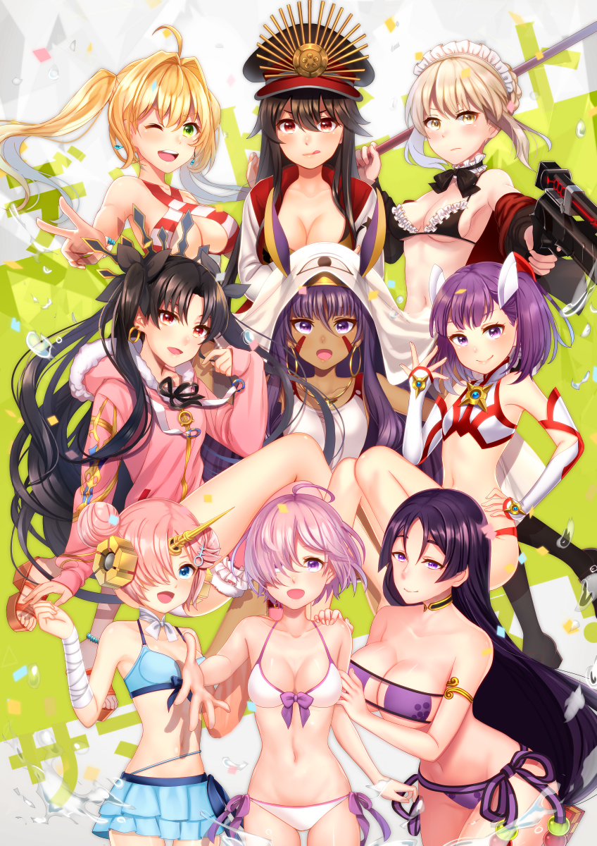 6+girls :d :q ;d ahoge armpits artoria_pendragon_(all) artoria_pendragon_(swimsuit_rider_alter) bandage bikini bikini_skirt black_bikini black_hair blonde_hair blue_bikini blue_eyes blue_skirt bow breasts choker cleavage cleavage_cutout collarbone dark_skin detached_sleeves double_bun earrings floating_hair frankenstein's_monster_(swimsuit_saber)_(fate) frilled_bikini frills fur_trim green_eyes groin gun hair_over_one_eye hair_twirling hand_on_another's_shoulder hand_on_hip hat helena_blavatsky_(fate/grand_order) highres holding holding_gun holding_weapon horn ishtar_(fate/grand_order) jewelry kurono_kito large_breasts layered_skirt looking_at_viewer maid_headdress mash_kyrielight medium_breasts military_hat minamoto_no_raikou_(fate/grand_order) multiple_girls navel nitocris_(fate/grand_order) oda_nobunaga_(swimsuit_berserker)_(fate) one_eye_closed open_mouth panties pink_hair pink_sweater purple_bikini purple_bow purple_hair red_eyes ribbon ribbon_choker saint_martha saint_martha_(swimsuit_ruler)_(fate) short_hair short_hair_with_long_locks side-tie_bikini sidelocks skirt small_breasts smile strapless strapless_bikini striped striped_bikini sweater swimsuit tohsaka_rin tongue tongue_out twintails underwear v violet_eyes weapon white_bikini white_panties white_ribbon