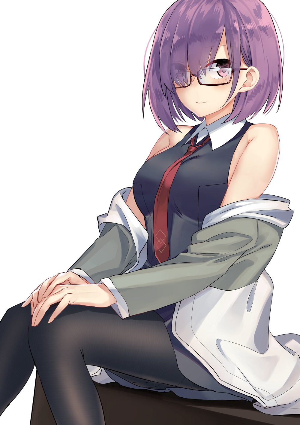 1girl bare_shoulders black_dress black_legwear blush breasts brown-framed_eyewear closed_mouth collared_dress commentary dress eyes_visible_through_hair fate/grand_order fate_(series) glasses hair_over_one_eye hands_on_own_knees highres jacket jun_project knees_together_feet_apart long_sleeves looking_at_viewer mash_kyrielight medium_breasts necktie off_shoulder own_hands_together pantyhose purple_hair red_neckwear semi-rimless_eyewear simple_background sitting sleeveless sleeveless_dress smile solo thighband_pantyhose under-rim_eyewear violet_eyes white_background