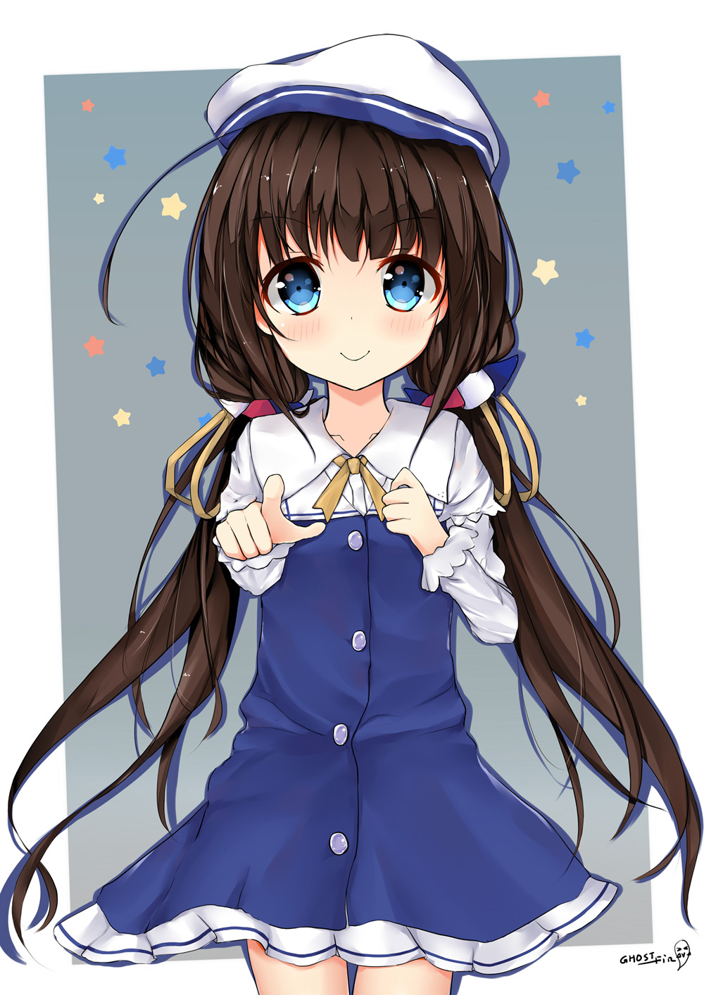 1girl ahoge bangs beret blue_dress blue_eyes blush brown_hair closed_mouth collarbone commentary_request dress eyebrows_visible_through_hair ghostfin hat highres hinatsuru_ai long_hair long_sleeves looking_at_viewer low_twintails pointing pointing_at_viewer puffy_short_sleeves puffy_sleeves ryuuou_no_oshigoto! school_uniform short_over_long_sleeves short_sleeves smile solo twintails very_long_hair white_hat