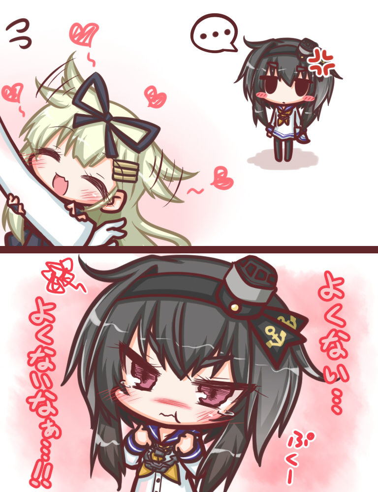 ... 2girls 2koma :t ^_^ admiral_(kantai_collection) anchor anchor_symbol anger_vein black_hair black_hairband black_legwear black_ribbon black_skirt blonde_hair blush blush_stickers chibi closed_eyes closed_mouth comic commentary_request expressive_hair fang flying_sweatdrops gloves gradient_hair grey_hair hair_flaps hair_ribbon hairband hat heart kantai_collection komakoma_(magicaltale) long_sleeves mini_hat multicolored_hair multiple_girls neckerchief out_of_frame pantyhose pleated_skirt pout ribbon sailor_collar sailor_shirt shirt short_hair_with_long_locks skirt smokestack spoken_ellipsis standing tearing_up tied_shirt tokitsukaze_(kantai_collection) translation_request violet_eyes wavy_mouth white_gloves white_shirt yellow_neckwear yuudachi_(kantai_collection)