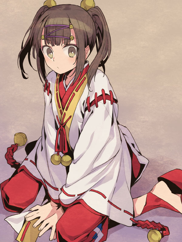 1girl bell braid brown_eyes brown_hair hair_bell hair_ornament hakama japanese_clothes kajiri_kamui_kagura long_hair long_sleeves mikado_ryuusui tenkuu_sphere twintails