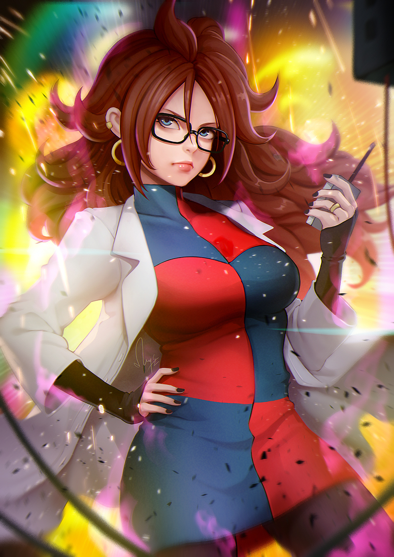 1girl android_21 black-framed_eyewear blue_eyes breasts brown_hair dragon_ball dragon_ball_fighterz earrings hoop_earrings jewelry labcoat large_breasts lips long_hair long_sleeves looking_at_viewer magion02 nail_polish pantyhose ring signature solo