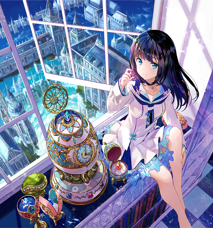 1girl above_clouds album_cover architecture bangs barefoot black_hair book bookshelf checkered checkered_floor choker clock clouds commentary_request cover day eyebrows_visible_through_hair faberge_egg floating_city frilled_sleeves frills from_above fuji_choko gem hand_on_own_leg hand_up holding indoors long_hair long_sleeves looking_at_viewer looking_up music_box neckerchief open_window original pleated_skirt scenery school_uniform serafuku sitting sitting_in_window skirt sky smile spire tower white_skirt window