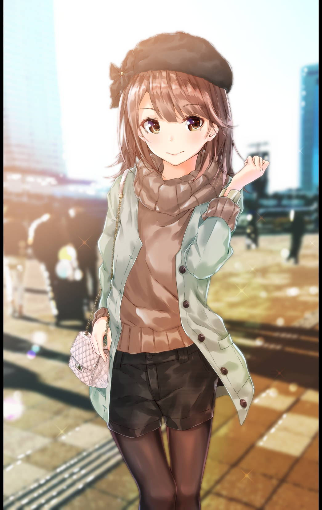 1girl black_hair black_hat black_shorts brown_eyes brown_hair brown_sweater day eyebrows_visible_through_hair hat highres isshiki_iroha long_hair outdoors pantyhose sahara386 short_shorts shorts smile solo standing yahari_ore_no_seishun_lovecome_wa_machigatteiru.