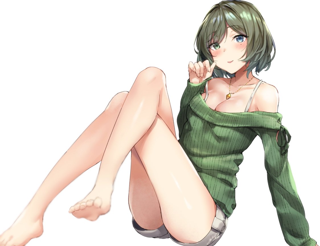 1girl arm_support bangs bare_legs barefoot blue_eyes blush bra_strap breasts bvucki36gzoeq1c cleavage closed_mouth collarbone eyebrows_visible_through_hair full_body green_eyes green_hair hand_up heterochromia idolmaster idolmaster_cinderella_girls jewelry large_breasts long_sleeves looking_at_viewer mole mole_under_eye necklace no_legwear off-shoulder_sweater off_shoulder shiny shiny_skin short_hair short_shorts shorts smile solo strap_slip sweater takagaki_kaede