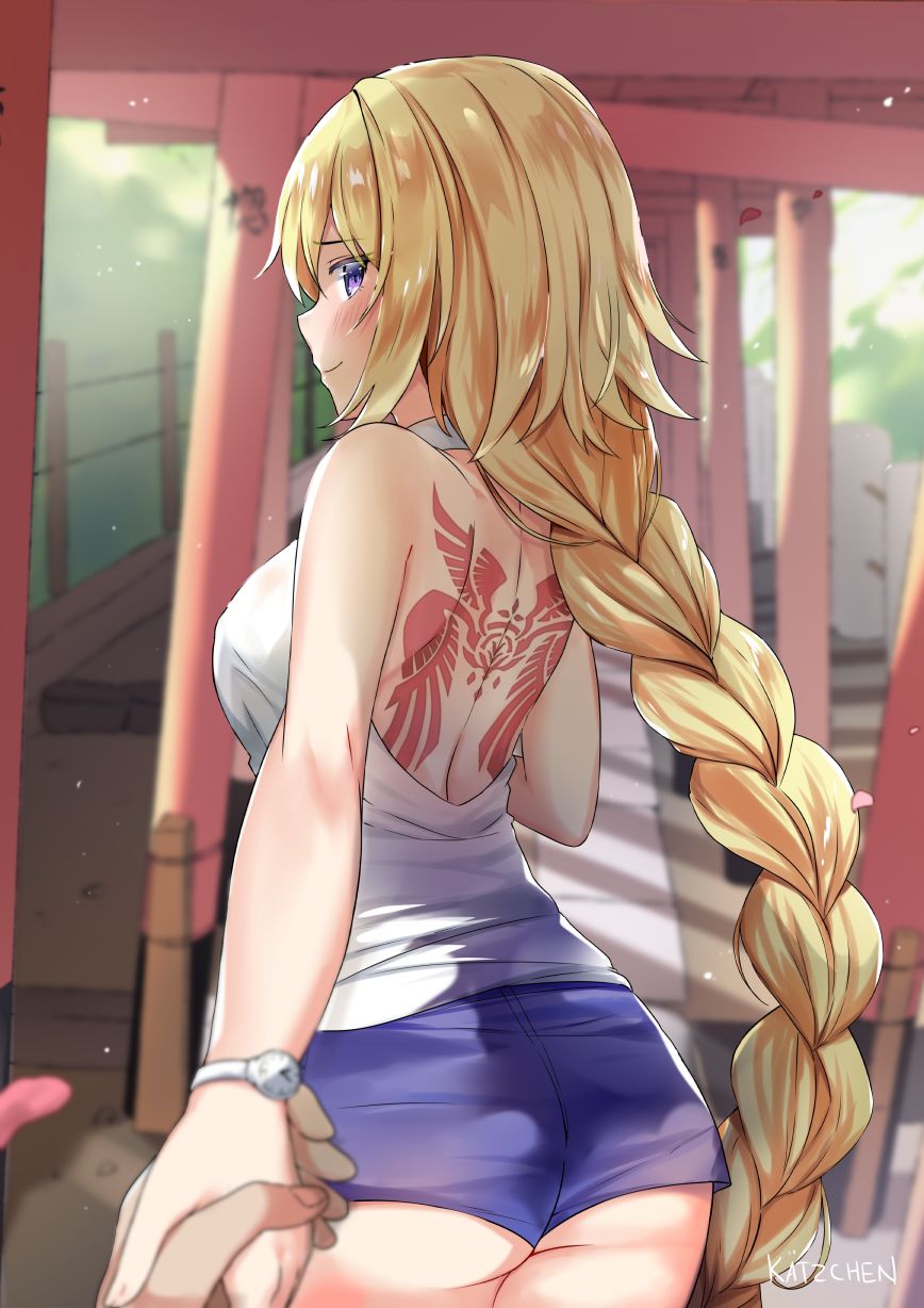 1girl artist_name ass back back_tattoo backless_outfit blonde_hair blush braid breasts day fate/apocrypha fate_(series) hand_holding highres hips jeanne_d'arc_(fate) jeanne_d'arc_(fate)_(all) kaetzchen large_breasts long_braid long_hair looking_back outdoors shirt shorts single_braid smile tattoo very_long_hair violet_eyes watch watch white_shirt