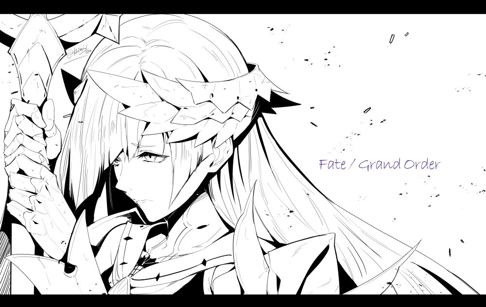 1girl armor asymmetrical_bangs bangs brynhildr_(fate) commentary_request copyright_name fate/grand_order fate_(series) gauntlets laurel_crown long_hair looking_to_the_side monochrome pursed_lips shoulder_armor sleeveless solo torichamaru twitter_username upper_body white_background