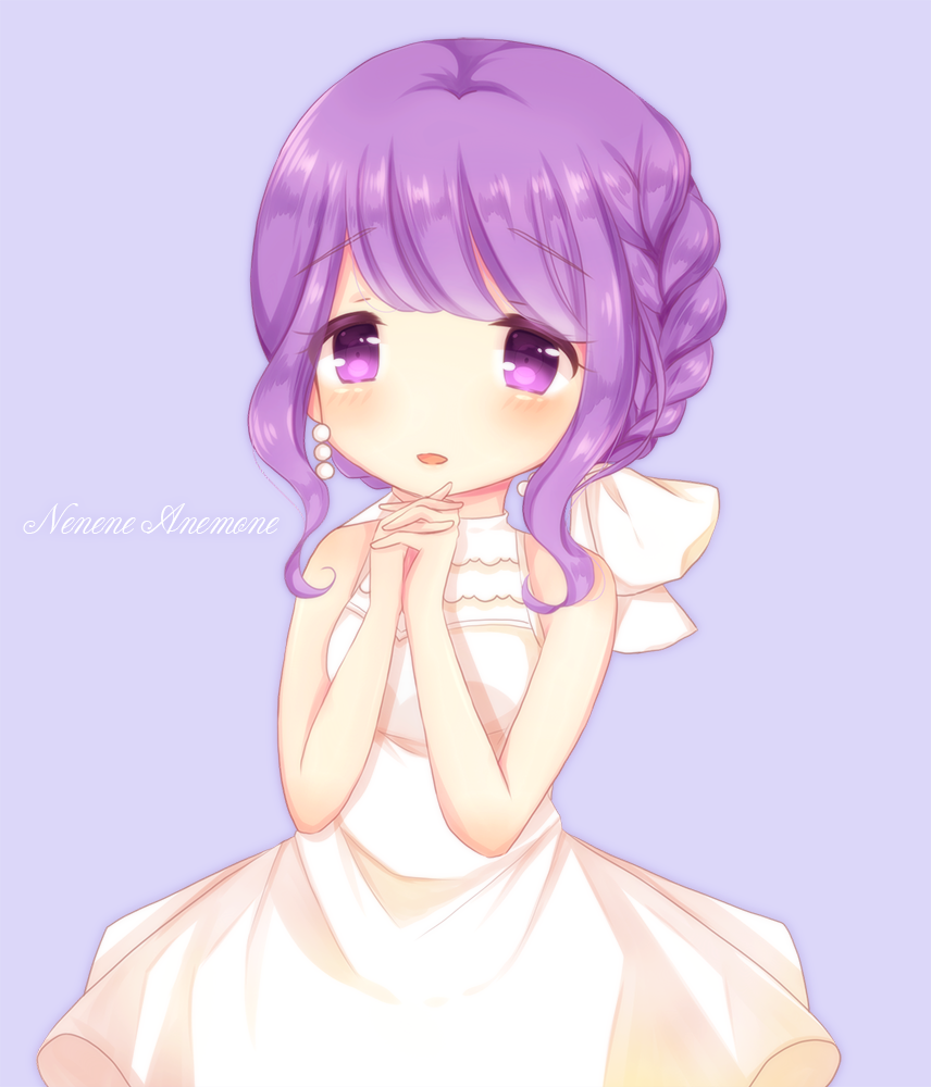 1girl bangs bare_arms bare_shoulders blush bow braid caramel_(caramelmilk) commentary_request copyright_request dress eyebrows_visible_through_hair hair_bow hands_clasped long_hair looking_at_viewer own_hands_together parted_lips purple_background purple_hair sidelocks sleeveless sleeveless_dress smile solo violet_eyes white_bow white_dress