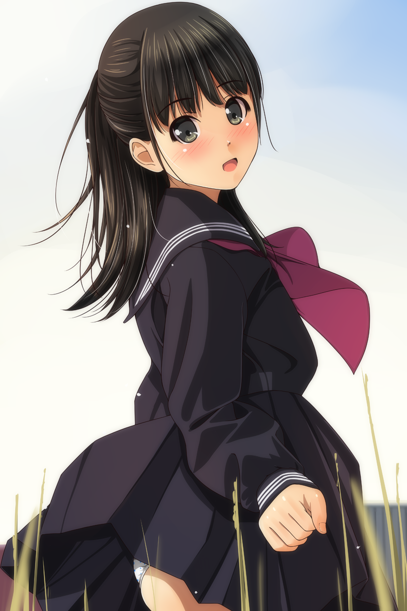 1girl arm_at_side bangs black_hair black_sailor_collar black_serafuku black_shirt black_skirt blush clenched_hand comic day eyebrows_visible_through_hair from_side gradient_sky grass green_eyes highres long_hair long_sleeves looking_at_viewer looking_to_the_side matsunaga_kouyou medium_skirt neckerchief outdoors panties panty_peek pink_neckwear pleated_skirt polka_dot polka_dot_panties sailor_collar school_uniform serafuku shirt skirt solo standing tareme underwear upskirt wind wind_lift