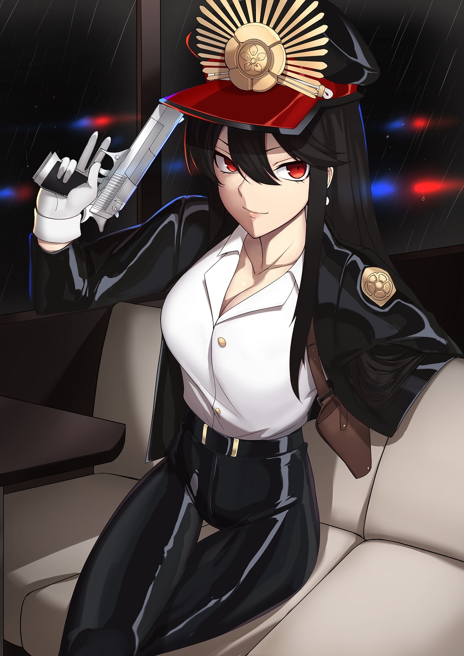 1girl belt black_hair breasts cleavage fate_(series) gloves gun hat highres holding holding_gun holding_weapon holster k_jin koha-ace long_hair looking_at_viewer oda_nobunaga_(fate) pants red_eyes sitting smile solo weapon white_gloves