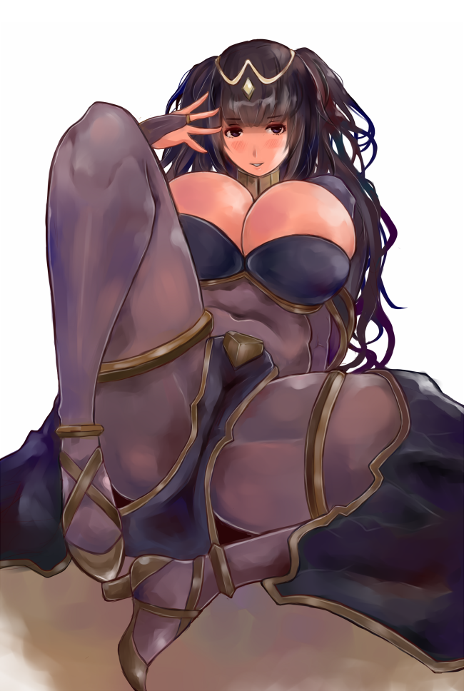 1girl black_eyes black_hair black_legwear blush bodystocking breasts circlet cleavage covered_navel emi_no_kapakku eyebrows_visible_through_hair fire_emblem fire_emblem:_kakusei high_heels huge_breasts knees_apart_feet_together long_hair looking_at_viewer parted_lips pelvic_curtain simple_background sitting skin_tight smile solo spread_legs tharja twintails white_background