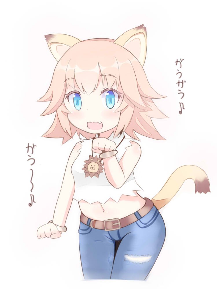 1girl :3 alternate_hair_length alternate_hairstyle animal_ears belt blue_eyes blush capumilian fang farfalia gao lion_ears lion_girl lion_tail looking_at_viewer midriff navel open_mouth paw_pose pink_hair pop-up_story short_hair smile solo tail
