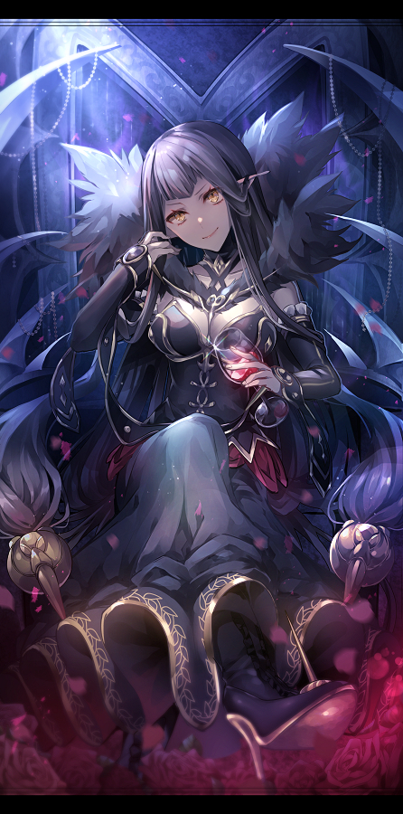 1girl armchair black_hair breasts chair cleavage commentary_request cup drinking_glass fate/grand_order fate_(series) holding long_hair looking_at_viewer pointy_ears semiramis_(fate) smile solo wine_glass yellow_eyes yunohito