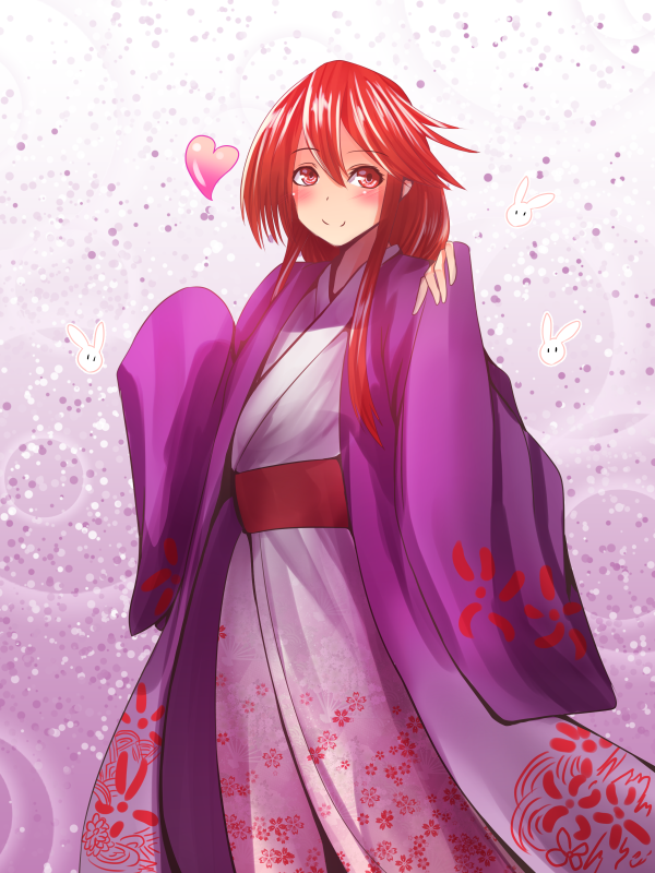 1girl blush heart japanese_clothes kimono kotohime layered_clothing layered_kimono oni rabbit red_eyes redhead smile teruteru12 touhou touhou_(pc-98) wide_sleeves