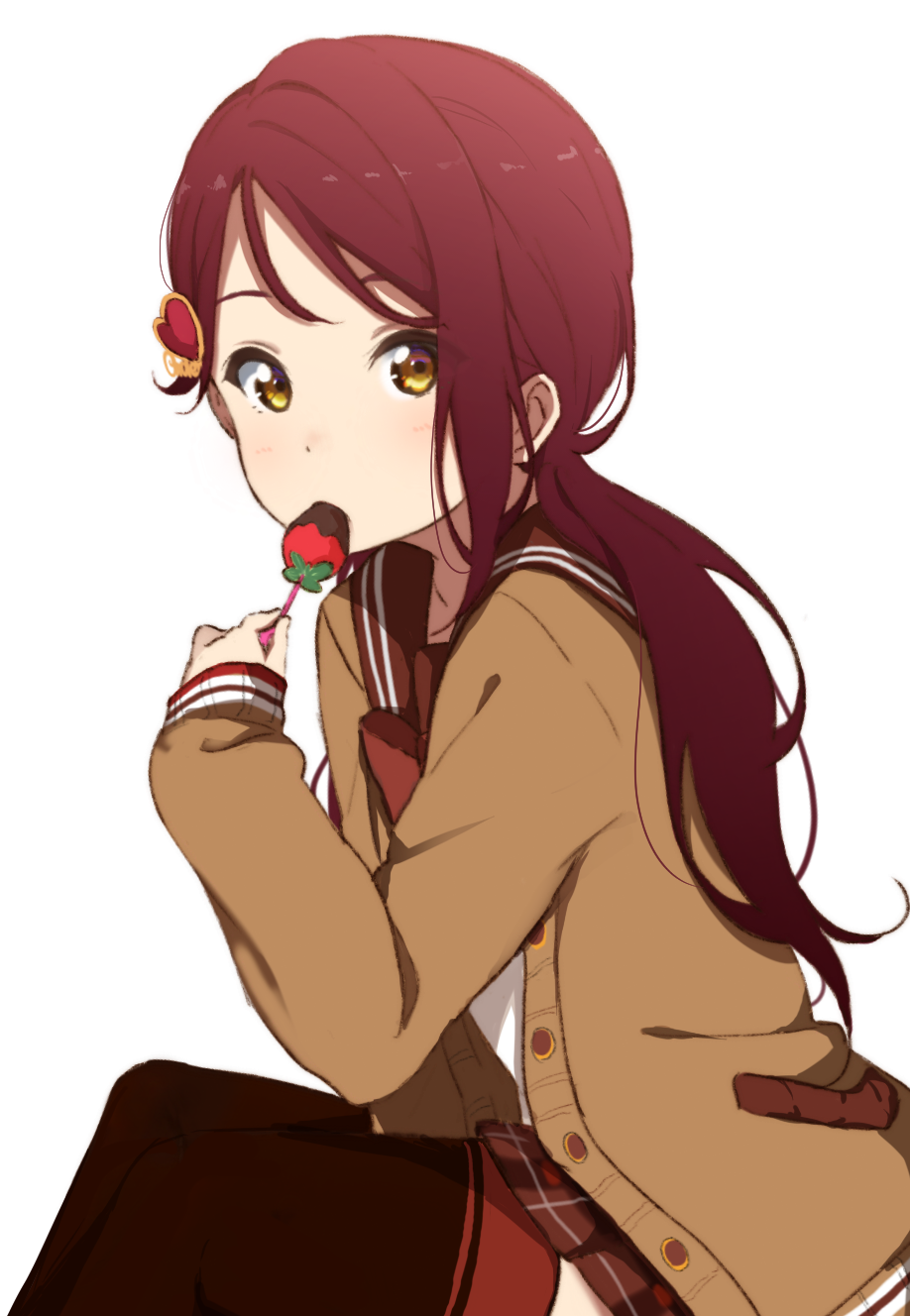 1girl alternate_hairstyle bow bowtie brown_cardigan cardigan eating food fruit hair_ornament heart_hair_ornament highres icehotmilktea long_sleeves looking_at_viewer love_live! love_live!_school_idol_festival love_live!_sunshine!! redhead sailor_collar sakurauchi_riko school_uniform simple_background sleeves_past_wrists solo strawberry thigh-highs twintails white_background yellow_eyes