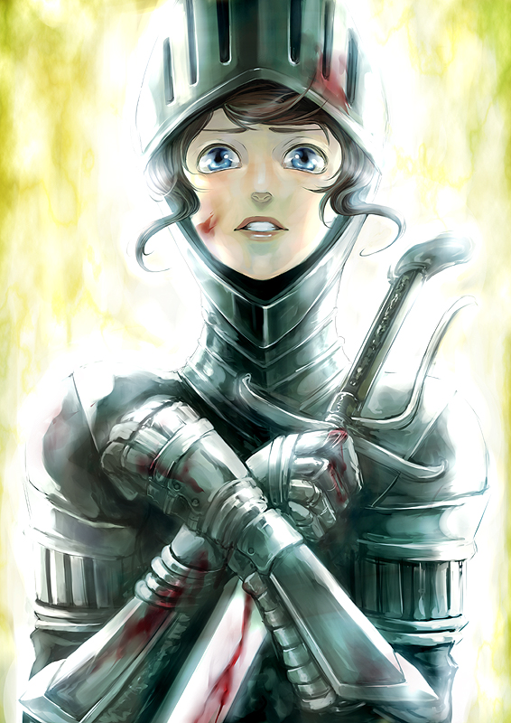 1girl ai_kent armor blood blood_on_face blue_eyes brown_hair full_armor gauntlets helmet knight lips looking_at_viewer original parted_lips solo sword upper_body weapon