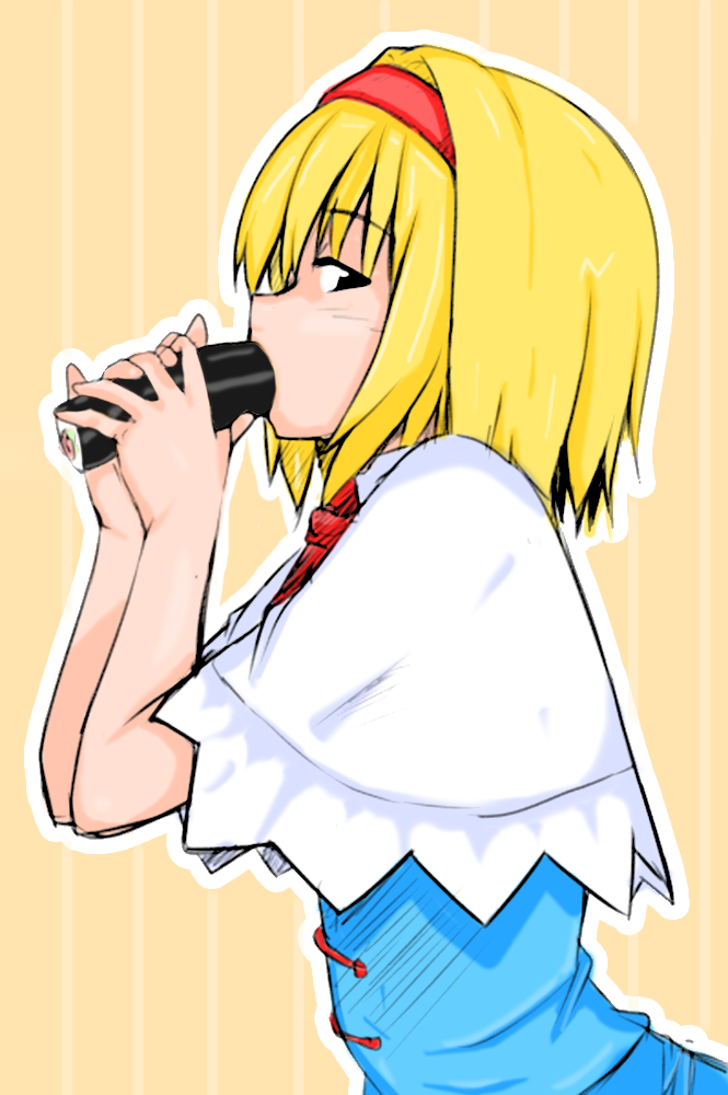 alice_margatroid blonde_hair dress eating food looking_at_viewer nirap sushi touhou