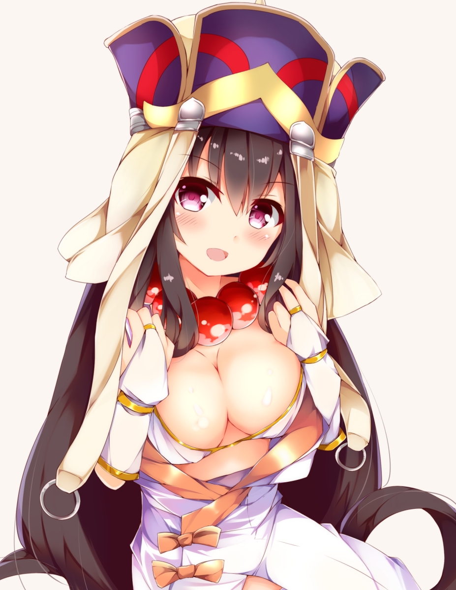 1girl :d bangs bead_necklace beads bikini_top black_hair blush bow breasts bridal_gauntlets brown_background brown_bow cleavage commentary_request eyebrows_visible_through_hair fate/grand_order fate_(series) fuuna hair_between_eyes hat head_tilt highres japanese_clothes jewelry kimono large_breasts long_hair looking_at_viewer necklace open_clothes open_kimono open_mouth prayer_beads simple_background smile solo very_long_hair violet_eyes white_bikini_top white_kimono xuanzang_(fate/grand_order)