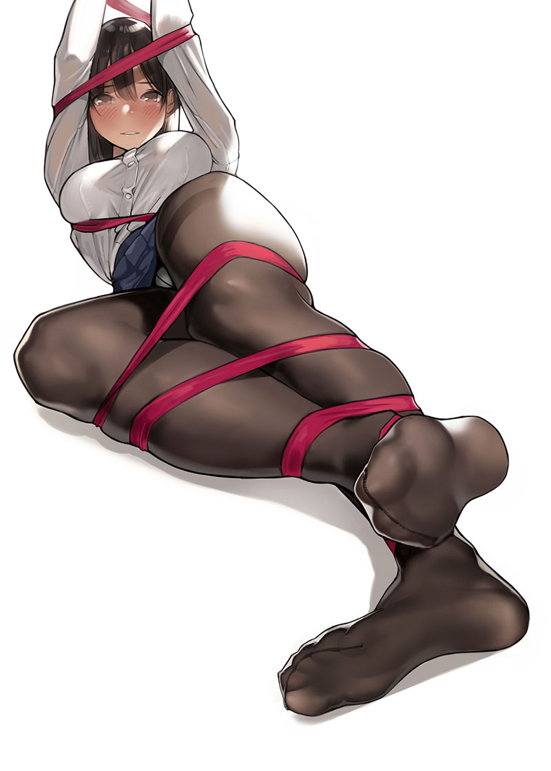 1girl arms_up bad_perspective bangs black_legwear blue_skirt blush bound breasts brown_eyes brown_hair dress_shirt feet large_breasts legs long_hair looking_at_viewer original panties panties_under_pantyhose pantyhose pleated_skirt red_ribbon ribbon shirt simple_background skirt solo thighband_pantyhose thighs underwear white_background white_panties yomu_(sgt_epper)