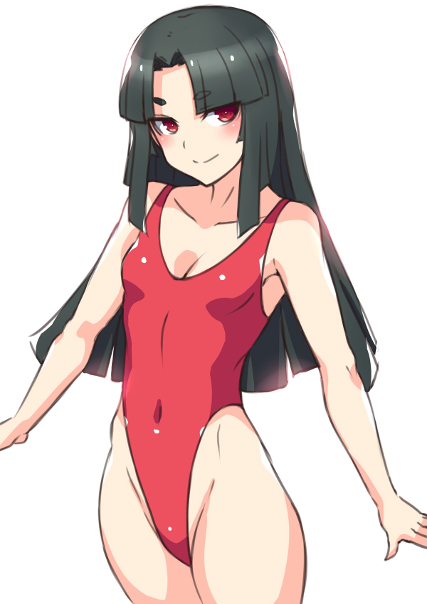 1girl bangs black_hair blunt_bangs breasts covered_navel cowboy_shot hai_(h81908190) highleg highleg_swimsuit looking_at_viewer original red_eyes red_swimsuit simple_background small_breasts smile solo standing swimsuit thick_eyebrows white_background