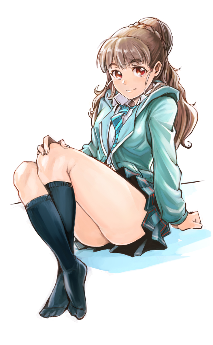 1girl 205str arm_support bangs black_legwear blunt_bangs braid braided_bun brown_hair cardigan collared_shirt commentary eyebrows eyebrows_visible_through_hair full_body hair_bun hand_on_own_knee highres hooded_cardigan idolmaster idolmaster_cinderella_girls kamiya_nao kneehighs legs_crossed long_hair looking_at_viewer necktie no_shoes pleated_skirt red_eyes shirt simple_background sitting skirt smile solo thick_eyebrows thighs white_background white_shirt