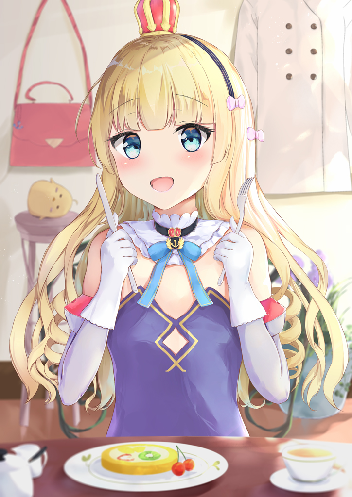 1girl azur_lane bag bare_shoulders blonde_hair blue_eyes blue_neckwear blue_ribbon blunt_ends blush bow cherry crown cup day detached_collar double-breasted drinking_glass elbow_gloves eyebrows_visible_through_hair flat_chest food fork fruit gloves hair_bow handbag holding houraku indoors kiwi_slice knife long_hair looking_at_viewer neck_ribbon pink_bow plate queen_elizabeth_(azur_lane) ribbon saucer solo stool strapless strawberry stuffed_chicken table tareme tea teacup white_coat white_gloves