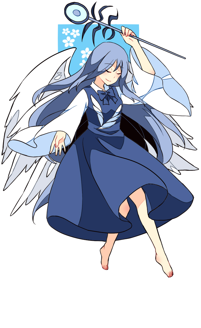 1girl angel_wings barefoot blue_hair closed_eyes dress haya_taro_pochi multiple_wings sariel seraph staff touhou touhou_(pc-98) wide_sleeves wings