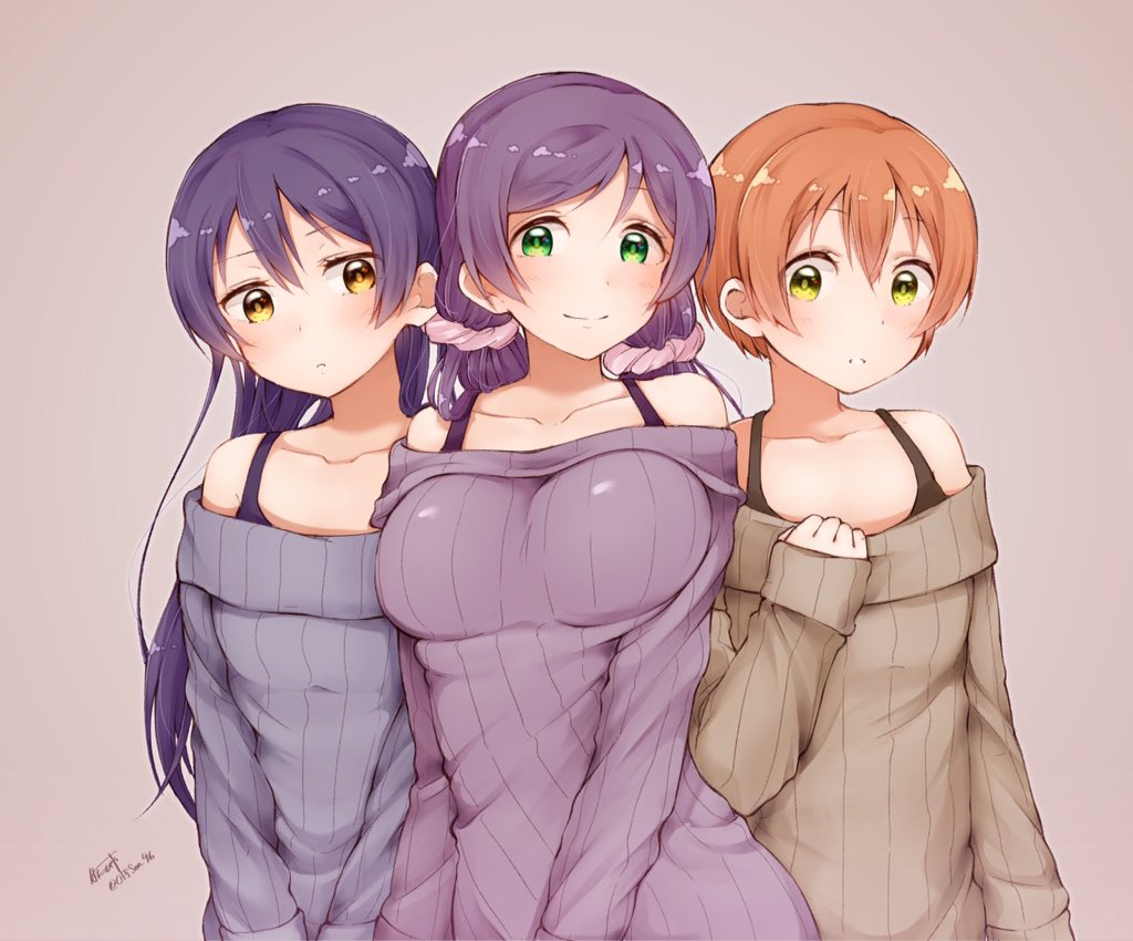 3girls bare_shoulders blue_hair blush closed_mouth collarbone commentary_request cowboy_shot dress eyebrows_visible_through_hair green_eyes hatagaya hoshizora_rin lily_white_(love_live!) long_hair long_sleeves looking_at_viewer love_live! love_live!_school_idol_project low_twintails matching_outfit multiple_girls orange_hair purple_hair scrunchie short_hair simple_background smile sonoda_umi sweater sweater_dress toujou_nozomi twintails yellow_eyes