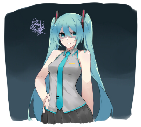 1girl angry aqua_eyes aqua_hair aqua_neckwear arm_at_side bangs bare_arms bare_shoulders black_background black_skirt breasts collared_shirt fhang gradient gradient_background grey_shirt hair_between_eyes hand_on_hip hatsune_miku long_hair looking_at_viewer lowres medium_breasts necktie parted_lips pleated_skirt shaded_face shiny shiny_hair shirt skirt sleeveless sleeveless_shirt solo squiggle twintails upper_body v-shaped_eyebrows very_long_hair vocaloid wing_collar