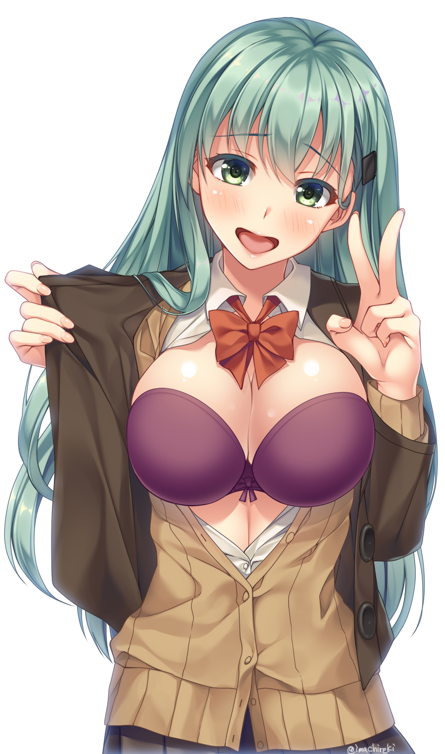 1girl aqua_hair bangs blazer blush bow bow_bra bowtie bra breasts brown_cardigan brown_jacket brown_skirt cardigan collared_shirt commentary_request dress_shirt eyebrows_visible_through_hair fingernails green_eyes hair_ornament hairclip head_tilt highres imachireki jacket kantai_collection large_breasts long_hair looking_at_viewer nail_polish open_mouth partially_unbuttoned purple_bra red_bow red_neckwear remodel_(kantai_collection) school_uniform shiny shiny_skin shirt simple_background skirt solo suzuya_(kantai_collection) twitter_username underwear v white_background white_shirt