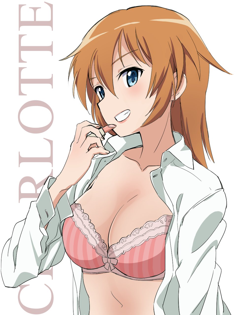 1girl blue_eyes blush bra breasts character_name charlotte_e_yeager cleavage dress_shirt highres kaneko_(novram58) lipstick lipstick_tube long_hair makeup medium_breasts open_clothes orange_hair shirt solo strike_witches underwear white_background world_witches_series