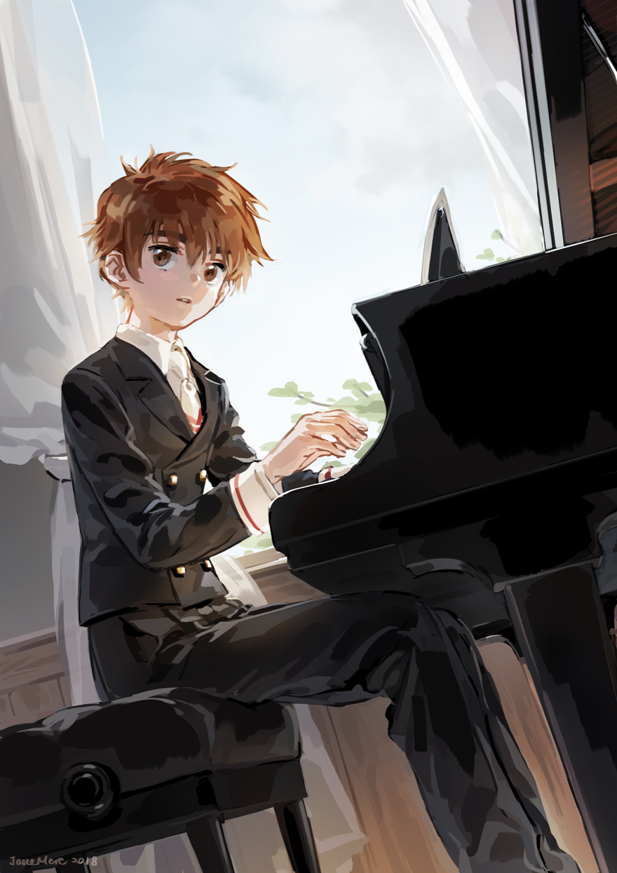 1boy black_pants blazer brown_eyes brown_hair card_captor_sakura curtains double-breasted grand_piano highres instrument jacket jane_mere li_xiaolang long_sleeves looking_to_the_side male_focus necktie pants parted_lips piano piano_bench school_uniform sitting solo thick_eyebrows tomoeda_middle_school_uniform window