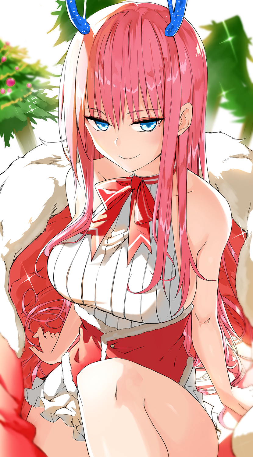 1girl antlers arm_support bangs bare_shoulders blue_eyes breasts christmas christmas_tree corset eyebrows_visible_through_hair highres knee_up large_breasts long_hair looking_at_viewer miniskirt neck_ribbon original pink_hair ribbed_shirt ribbon shirt siting sitting skirt sleeveless sleeveless_shirt smile smirk solo tameiki very_long_hair white_shirt white_skirt