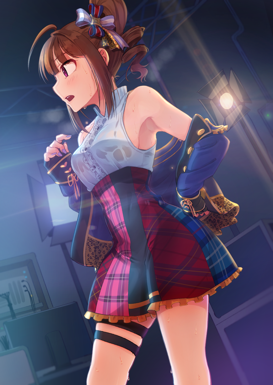 1girl ahoge bare_shoulders black_gloves blue_bow blush bow breasts brown_hair collarbone drill_hair dripping eyebrows_visible_through_hair fingerless_gloves gloves hair_bow highres idolmaster idolmaster_million_live! idolmaster_million_live!_theater_days kamille_(vcx68) looking_away medium_breasts nail_polish open_mouth purple_nails short_hair side_drill sleeveless sweat sweating wet wet_clothes yokoyama_nao