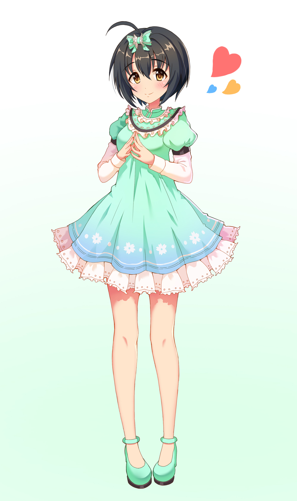 1girl ahoge bangs bare_legs black_hair blush bow closed_mouth dress eyebrows_visible_through_hair frilled_shirt_collar frills full_body gradient gradient_background gradient_clothes green_bow green_footwear hair_bow heart highres idolmaster idolmaster_cinderella_girls kohinata_miho layered_dress layered_sleeves looking_at_viewer onumi orange_eyes own_hands_together pigeon-toed puffy_short_sleeves puffy_sleeves shiny shiny_hair shoes short_hair short_sleeves smile solo standing tareme