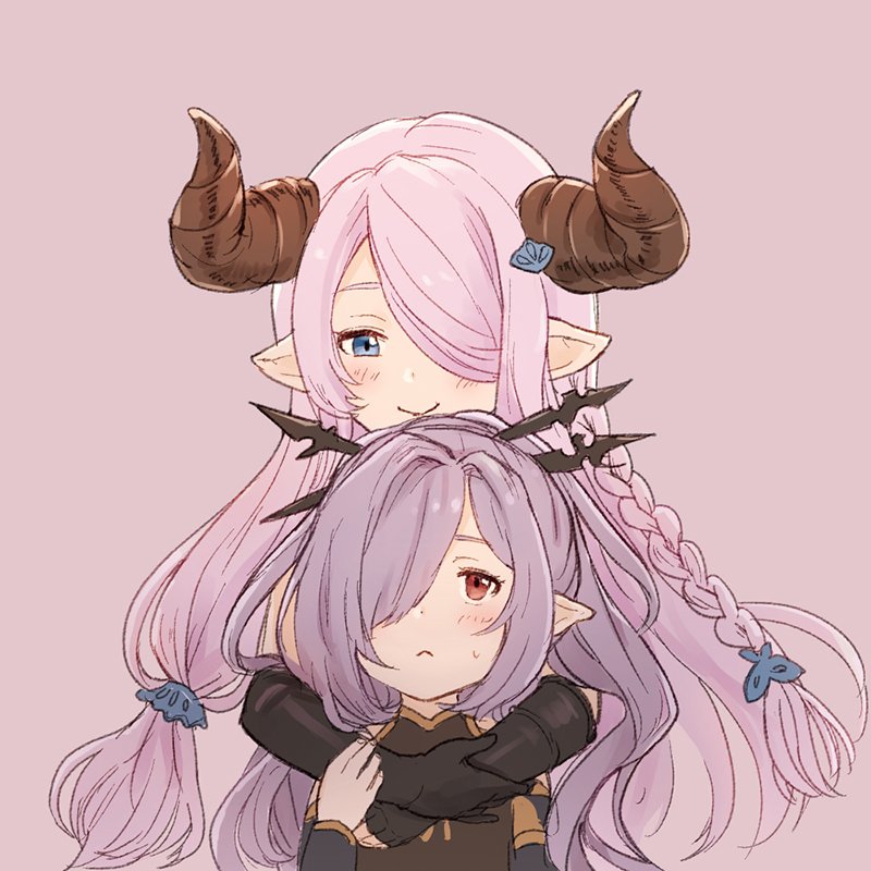 2girls blue_eyes blush_stickers braid chabo213 colored doraf granblue_fantasy hair_ornament hair_over_one_eye harbin horns hug hug_from_behind long_hair multiple_girls narumeia_(granblue_fantasy) nio_(granblue_fantasy) pink_background pink_hair pointy_ears ponytail purple_hair red_eyes smile sweatdrop