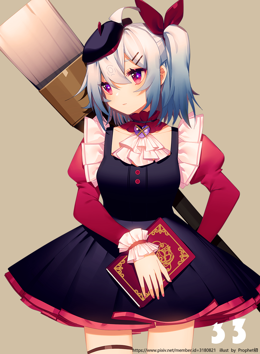 1girl ahoge artist_name beret bili_girl_33 bilibili_douga blue_hair blush book bow breasts character_name closed_mouth collarbone hair_bow hair_ornament hairclip hat highres holding holding_book long_sleeves looking_at_another medium_breasts official_art out_of_frame paintbrush pixiv_id prophet_chu red_bow short_hair short_ponytail side_ponytail solo watermark web_address