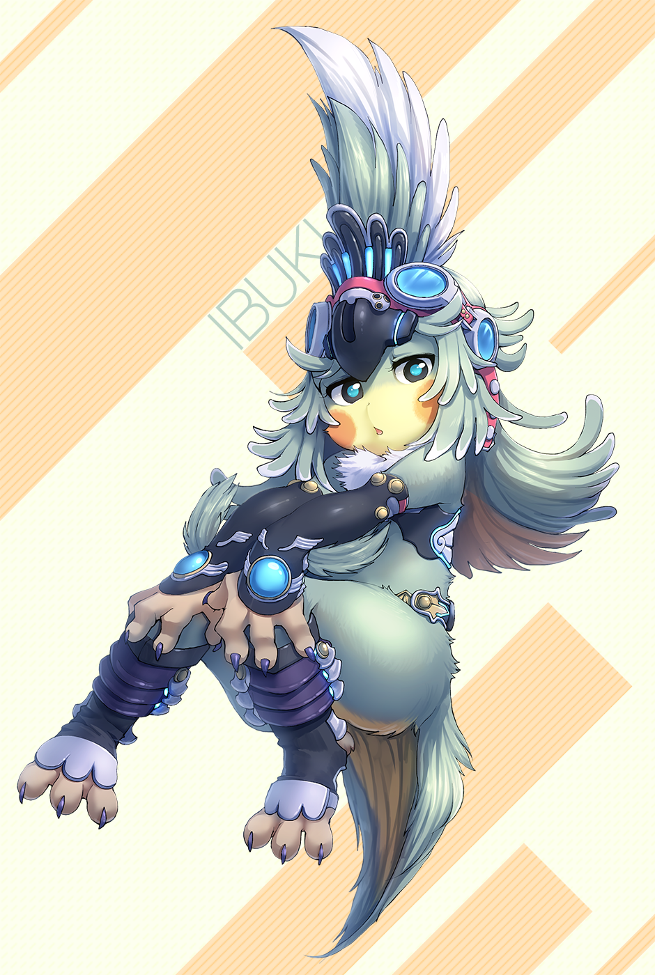 1girl claws crop_top detached_sleeves feather_hair feathers flat_chest fur_collar gem goggles goggles_on_head highres ibuki_(xenoblade) long_hair monster_girl open_mouth simple_background solo talons toeless_legwear xenoblade xenoblade_2