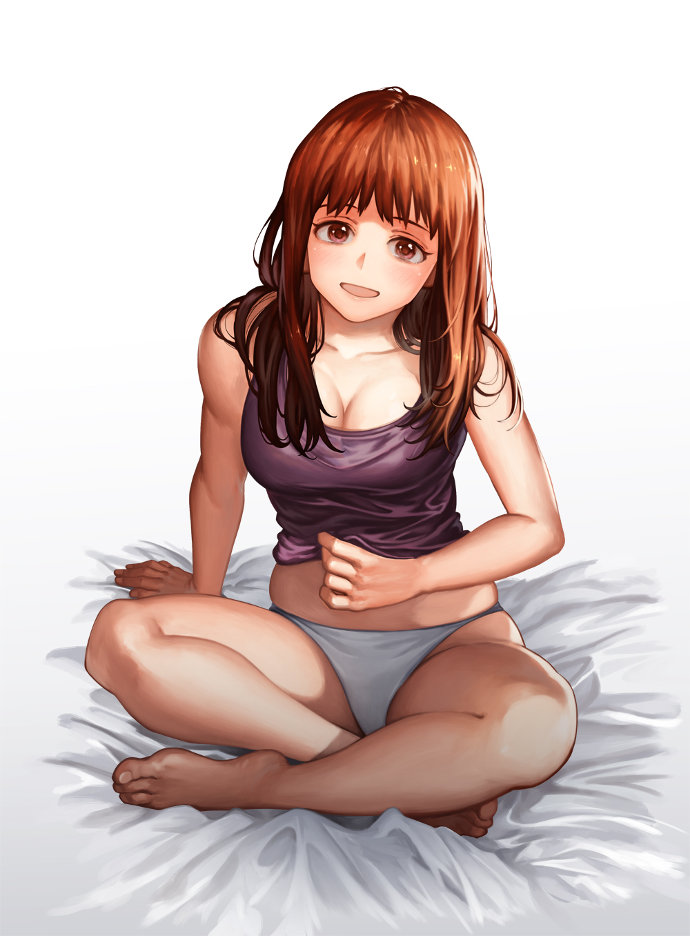 1girl :d arm_behind_back arm_support bangs bare_arms bare_shoulders barefoot bed_sheet blush breasts brown_eyes brown_hair cleavage collarbone eyebrows eyelashes feet fingernails highres indian_style lapucelle_(arasoo1210) lifted_by_self long_hair looking_at_viewer medium_breasts open_mouth original panties purple_shirt shirt shirt_lift simple_background sitting smile solo straight_hair tank_top toes underwear white_background white_panties