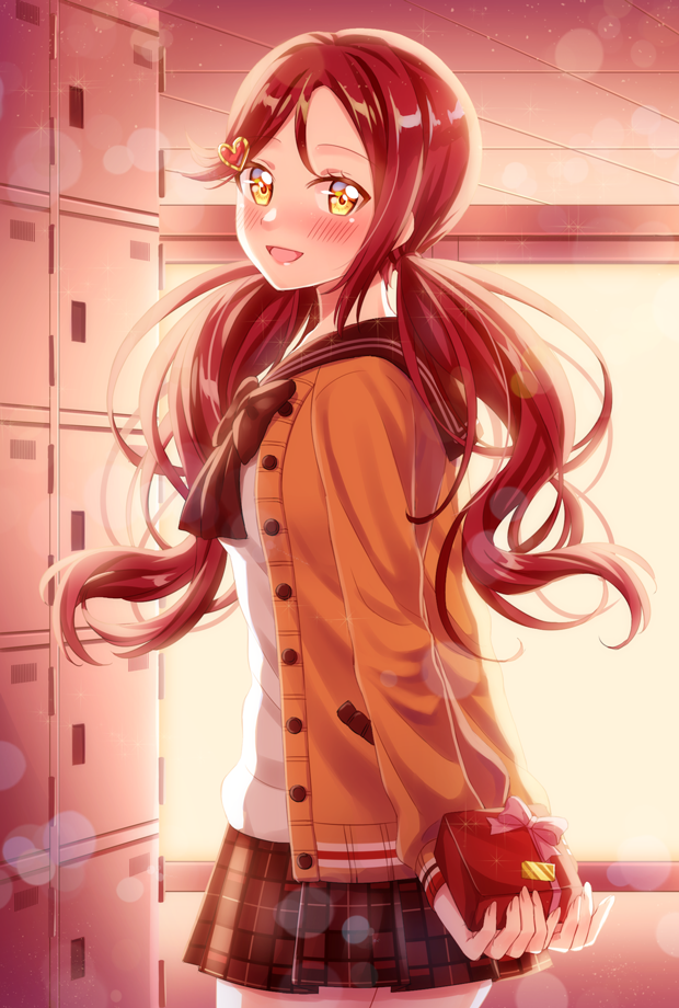 1girl backlighting blush bow box brown_bow brown_neckwear brown_sailor_collar brown_skirt cardigan cowboy_shot from_side gift gift_box holding holding_gift hoshisakura_(starblossom) indoors jacket lens_flare locker long_hair long_sleeves looking_at_viewer looking_to_the_side love_live! love_live!_sunshine!! low_twintails miniskirt open_clothes open_jacket pink_bow plaid plaid_skirt pleated_skirt redhead sailor_collar sakurauchi_riko shiny shiny_hair skirt sleeves_past_wrists solo standing sunlight tareme twintails unbuttoned valentine yellow_eyes