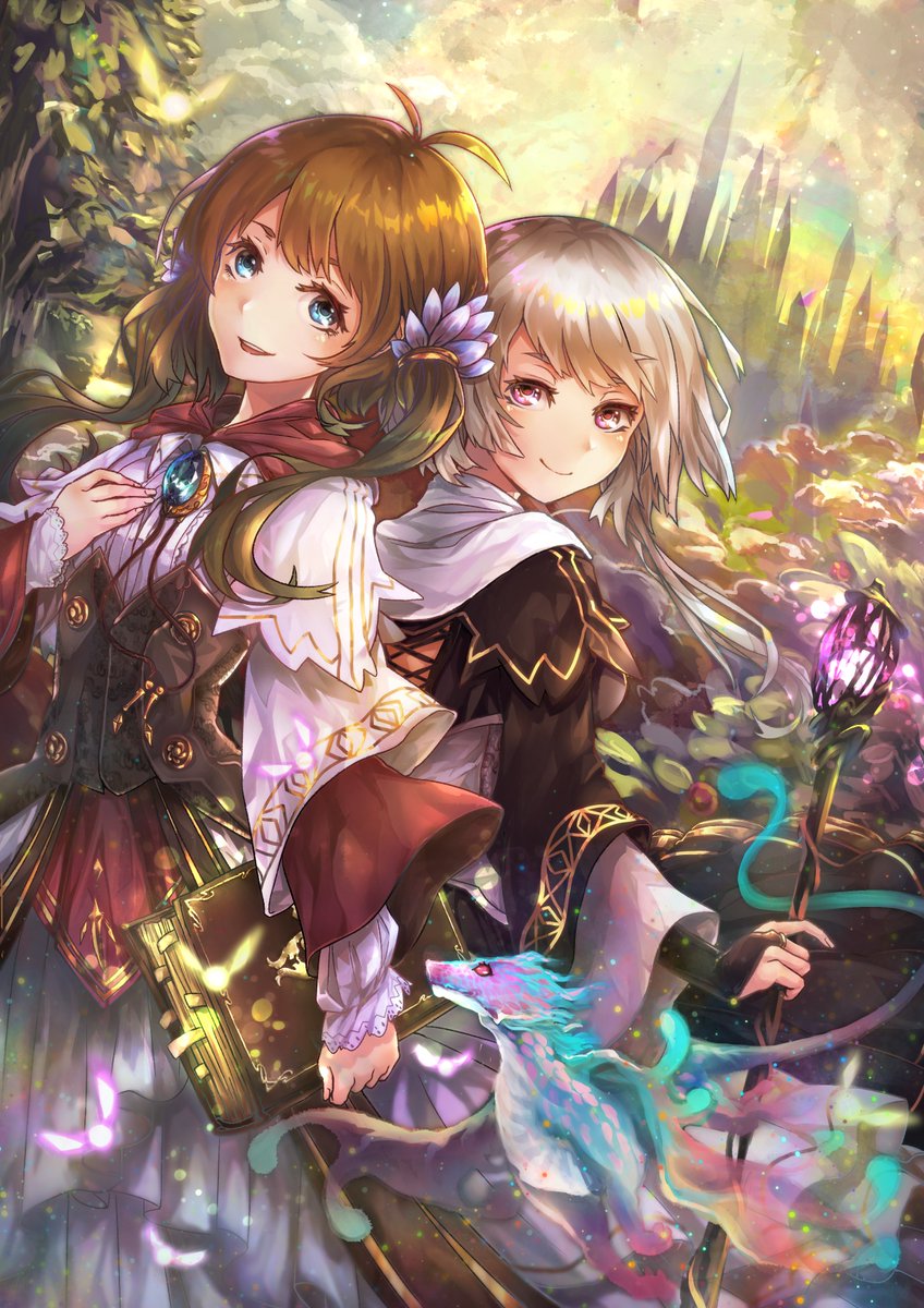 2girls antenna_hair arm_at_side bangs blonde_hair blue_eyes book bridal_gauntlets brooch brown_hair clouds commentary_request corset dai_(yamii) dragon dress fantasy glowing grimoire hair_ornament hand_on_own_chest highres holding holding_book holding_staff jewelry lace-trimmed_sleeves layered_sleeves long_sleeves looking_at_viewer looking_back magic multiple_girls original pink_eyes short_hair_with_long_locks smile spire staff tree two_side_up wide_sleeves