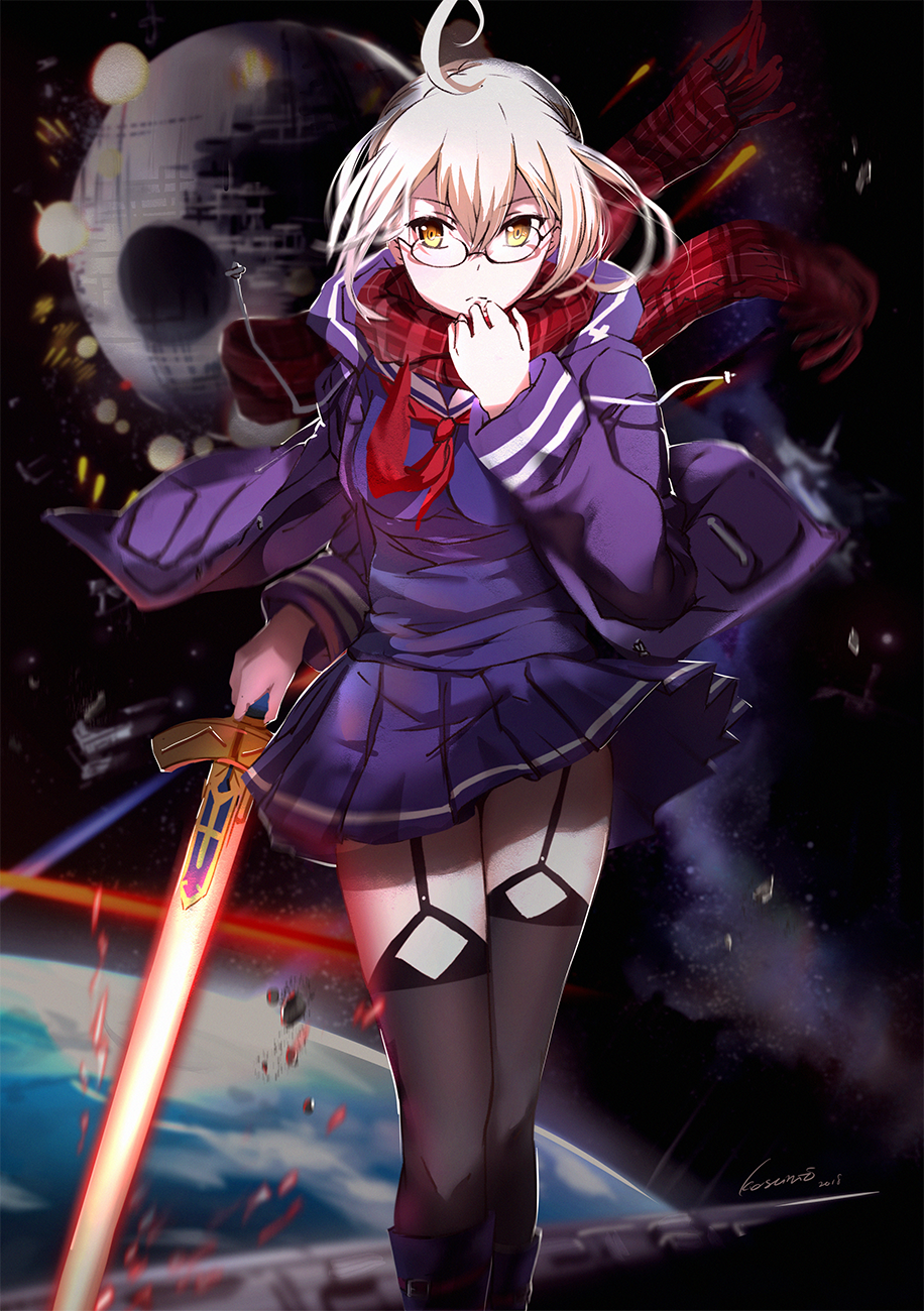 1girl artoria_pendragon_(all) bangs battle black-framed_eyewear black_footwear black_legwear blonde_hair blue_shirt blue_skirt blurry blurry_background boots closed_mouth coat crossover death_star debris depth_of_field earth energy_sword explosion eyebrows_visible_through_hair fate/grand_order fate_(series) garter_straps glasses glowing glowing_sword glowing_weapon highres holding holding_sword holding_weapon knee_boots kosumi long_sleeves looking_at_viewer miniskirt mysterious_heroine_x_(alter) neckerchief open_clothes open_coat plaid plaid_scarf pleated_skirt purple_coat red_neckwear red_scarf scarf serious shirt short_hair signature skirt solo star_wars sword thigh-highs weapon yellow_eyes zettai_ryouiki